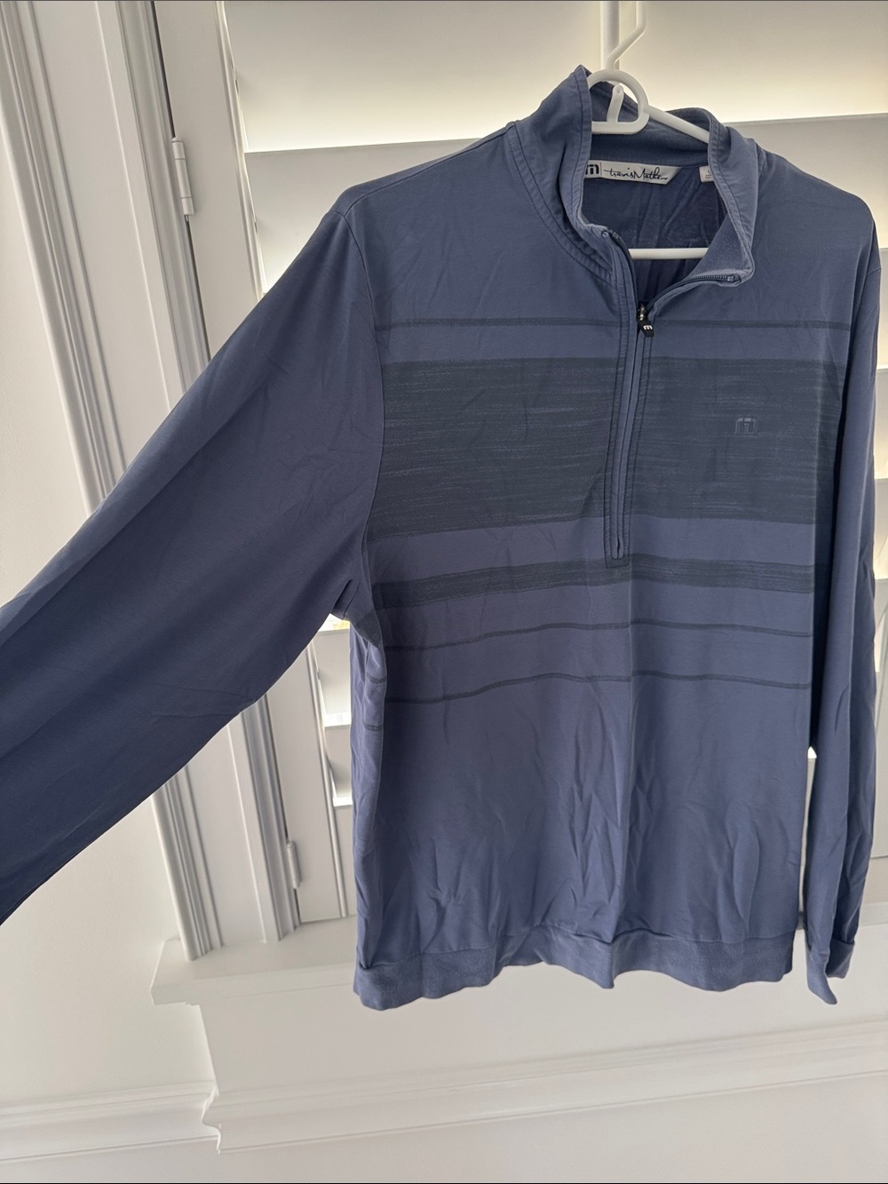 Travis Mathew Men's Zip-Up Sweater in Slate Blue with Dark Stripe